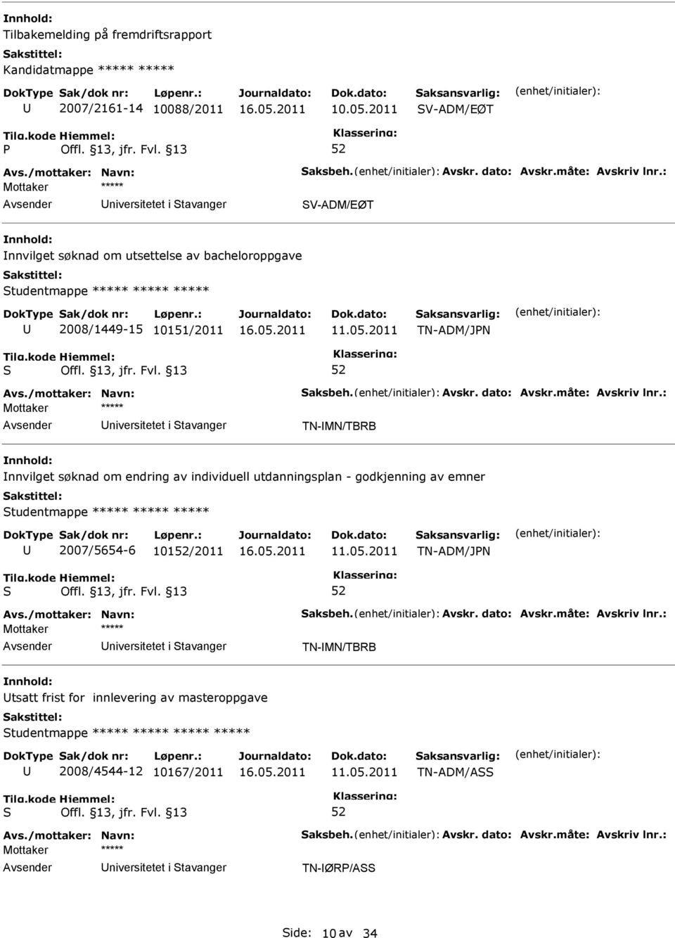 05.2011 TN-ADM/JN niversitetet i tavanger TN-MN/TBRB nnvilget søknad om endring av individuell utdanningsplan - godkjenning av emner tudentmappe *****