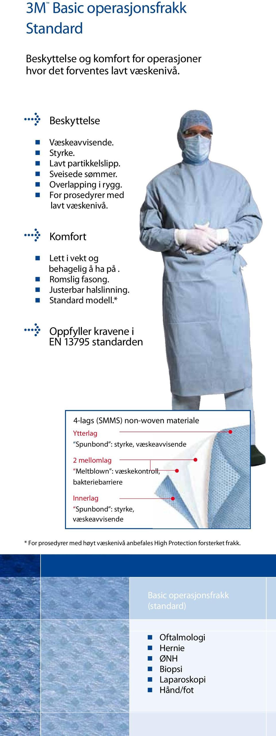 * Oppfyller kravene i EN 13795 standarden 4-lags (SMMS) non-woven materiale Ytterlag Spunbond : styrke, væskeavvisende 2 mellomlag Meltblown : væskekontroll,