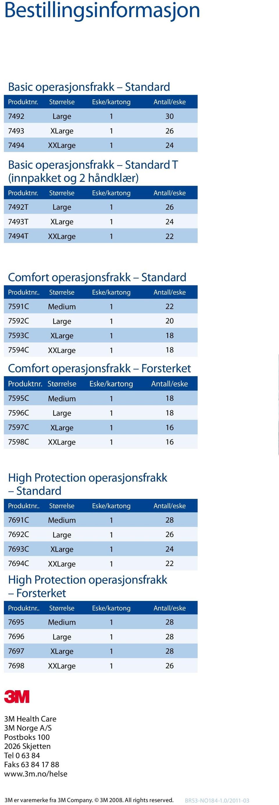 Størrelse Eske/kartong Antall/eske 7492T Large 1 26 7493T XLarge 1 24 7494T XXLarge 1 22 Comfort operasjonsfrakk Standard Produktnr.