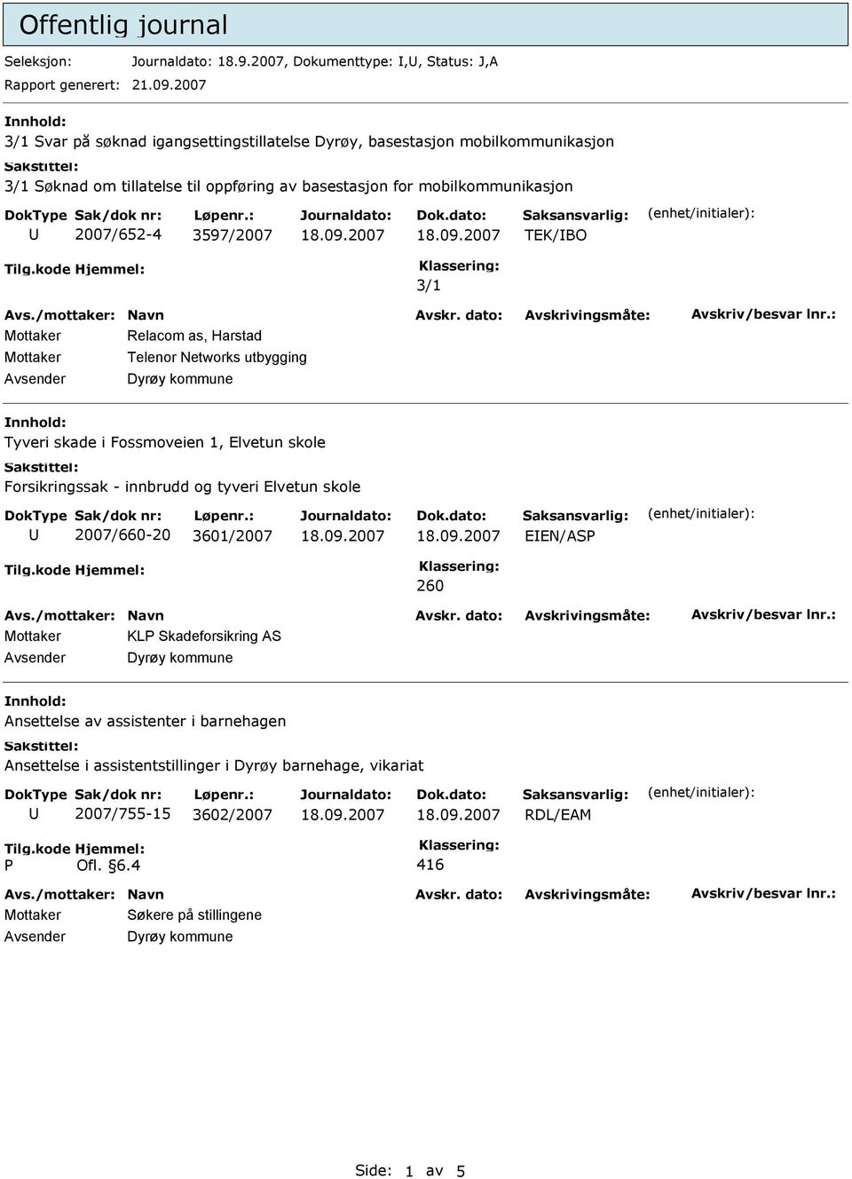 3597/2007 3/1 Mottaker Relacom as, Harstad Mottaker Telenor Networks utbygging Tyveri skade i Fossmoveien 1, Elvetun skole Forsikringssak - innbrudd og tyveri Elvetun skole