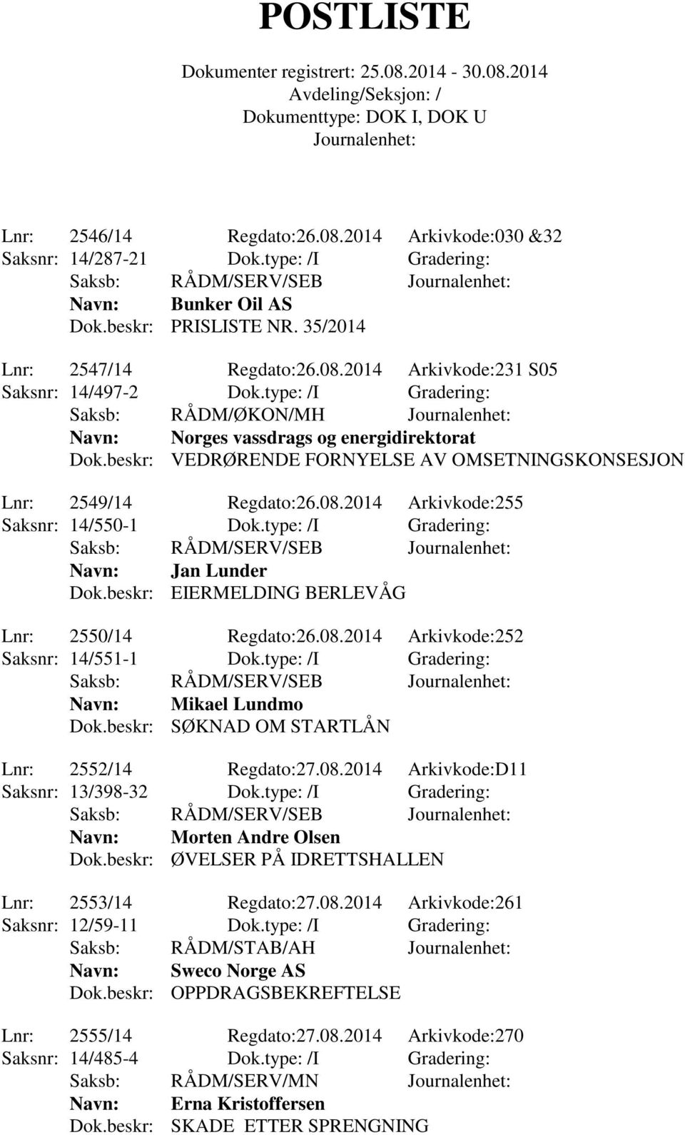 2014 Arkivkode:255 Saksnr: 14/550-1 Dok.type: /I Gradering: Navn: Jan Lunder Dok.beskr: EIERMELDING BERLEVÅG Lnr: 2550/14 Regdato:26.08.2014 Arkivkode:252 Saksnr: 14/551-1 Dok.