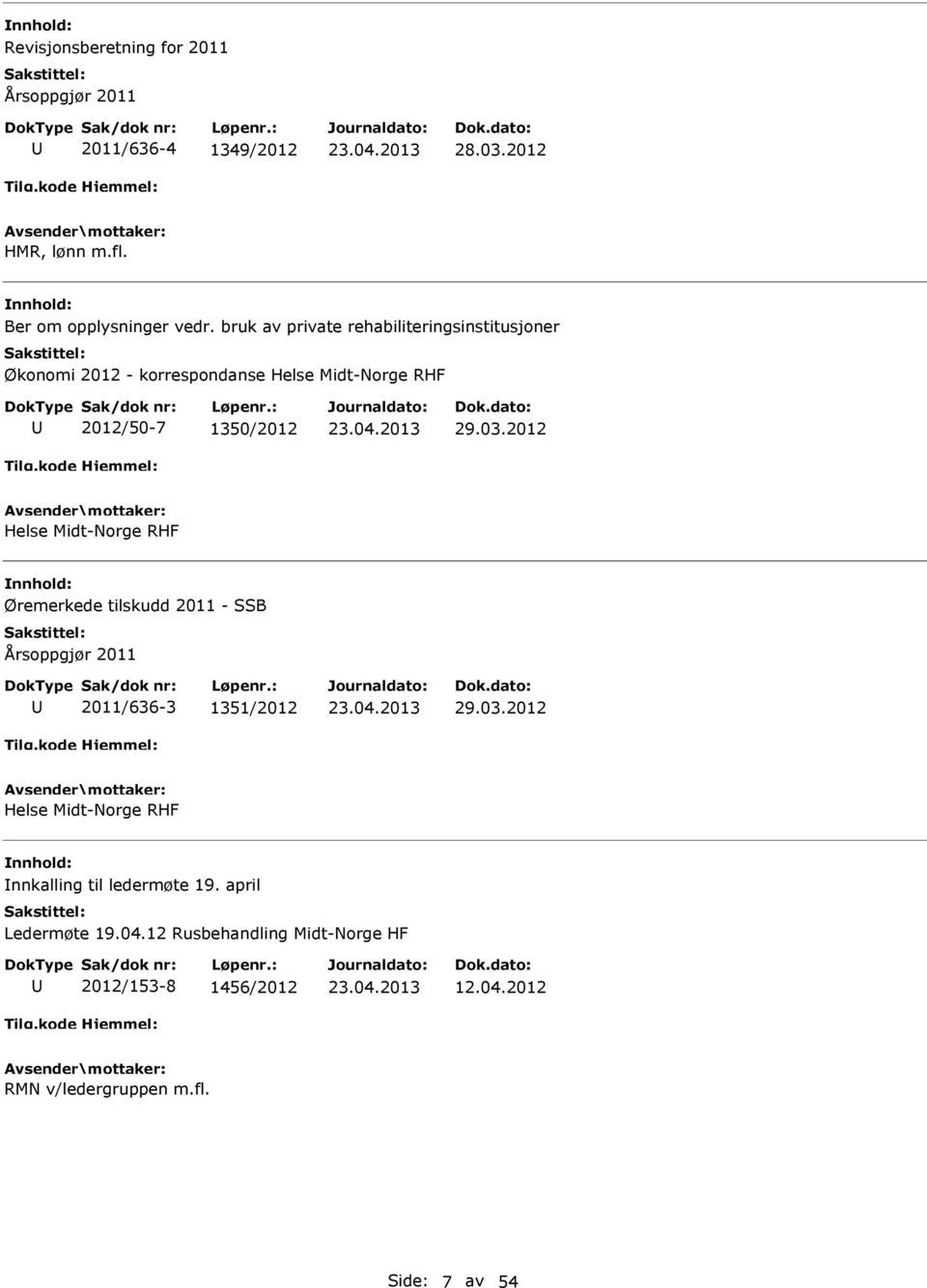 2012 Helse Midt-Norge RHF Øremerkede tilskudd 2011 - SSB Årsoppgjør 2011 2011/636-3 1351/2012 29.03.