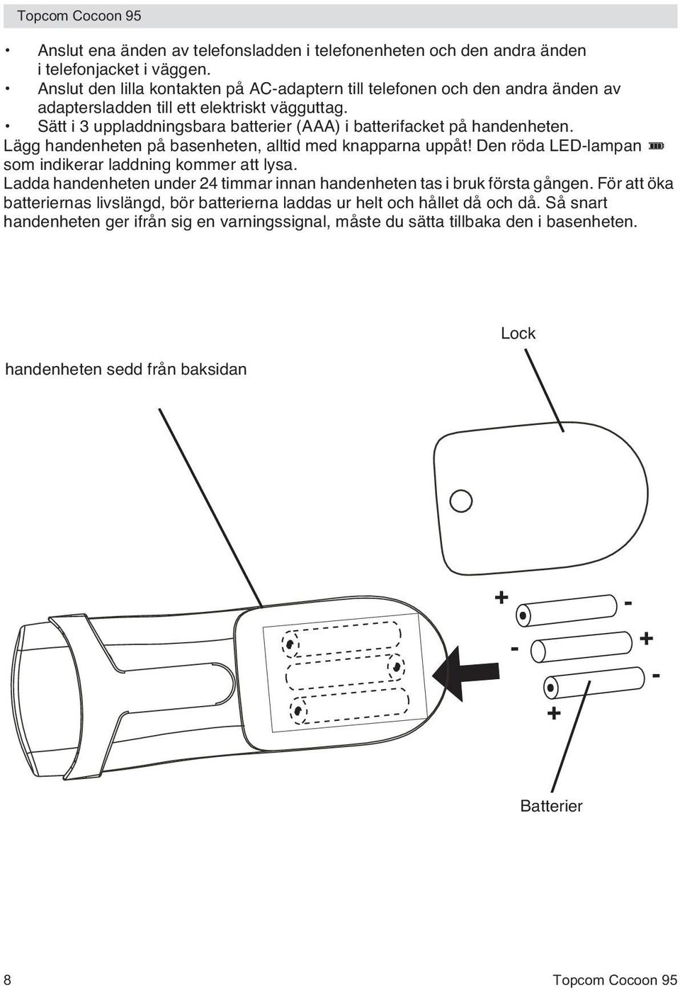 Sätt i 3 uppladdningsbara batterier (AAA) i batterifacket på handenheten. Lägg handenheten på basenheten, alltid med knapparna uppåt!