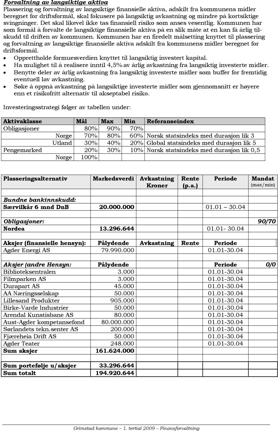 Kommunen har som formål å forvalte de langsiktige finansielle aktiva på en slik måte at en kan få årlig tilskudd til driften av kommunen.