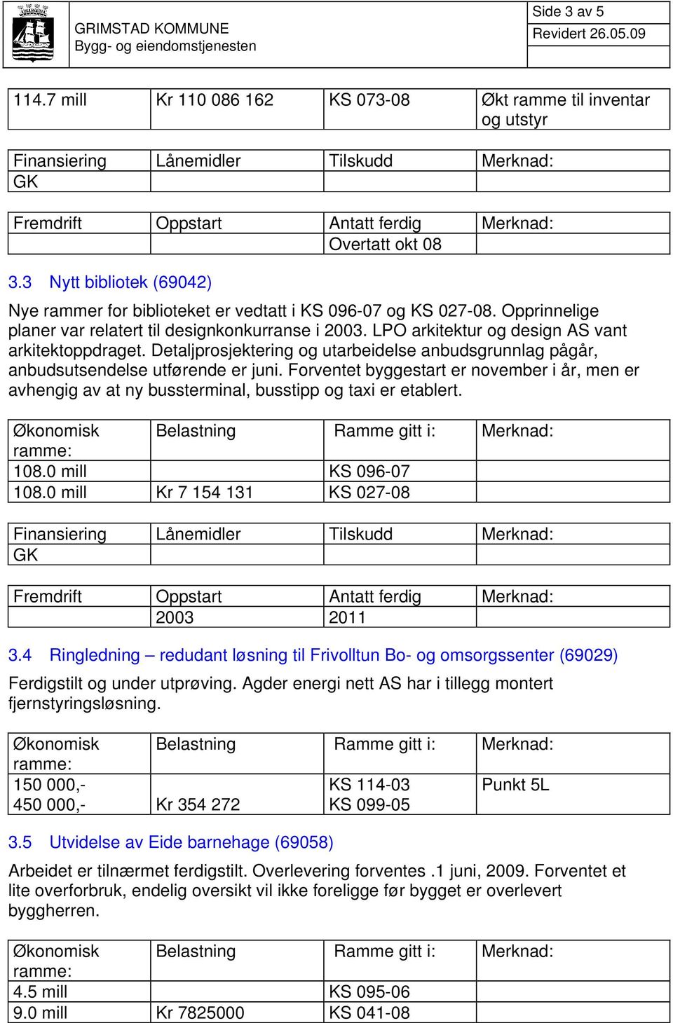 3 Nytt bibliotek (69042) Nye rammer for biblioteket er vedtatt i KS 096-07 og KS 027-08. Opprinnelige planer var relatert til designkonkurranse i 2003.
