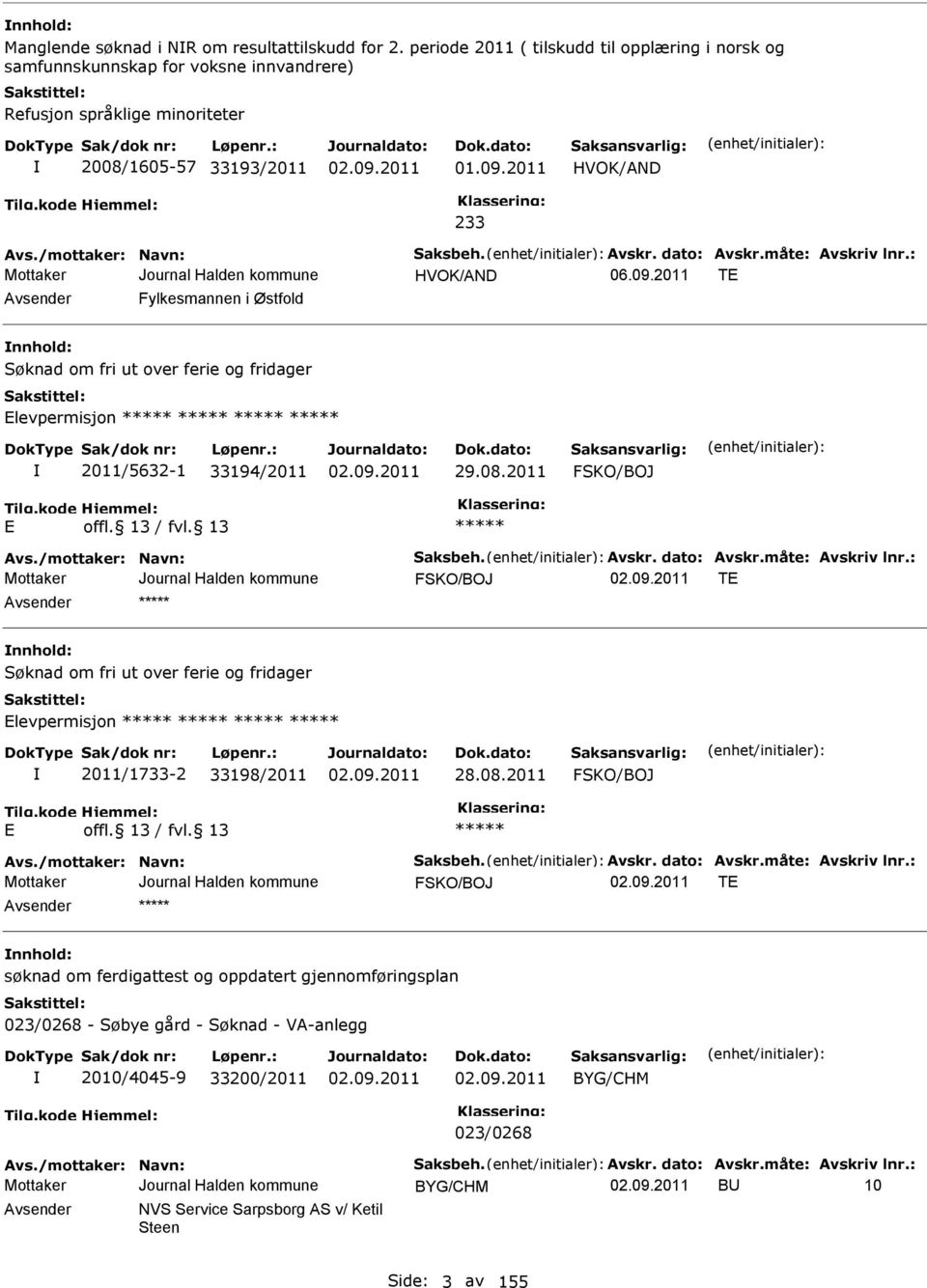 2011 HVOK/ND 233 HVOK/ND T vsender Fylkesmannen i Østfold nnhold: Søknad om fri ut over ferie og fridager levpermisjon 2011/5632-1 33194/2011 29.08.