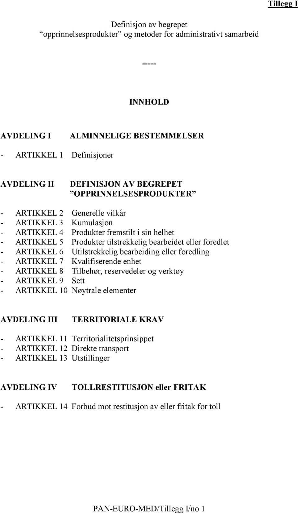 ARTIKKEL 6 Utilstrekkelig bearbeiding eller foredling - ARTIKKEL 7 Kvalifiserende enhet - ARTIKKEL 8 Tilbehør, reservedeler og verktøy - ARTIKKEL 9 Sett - ARTIKKEL 10 Nøytrale elementer AVDELING III