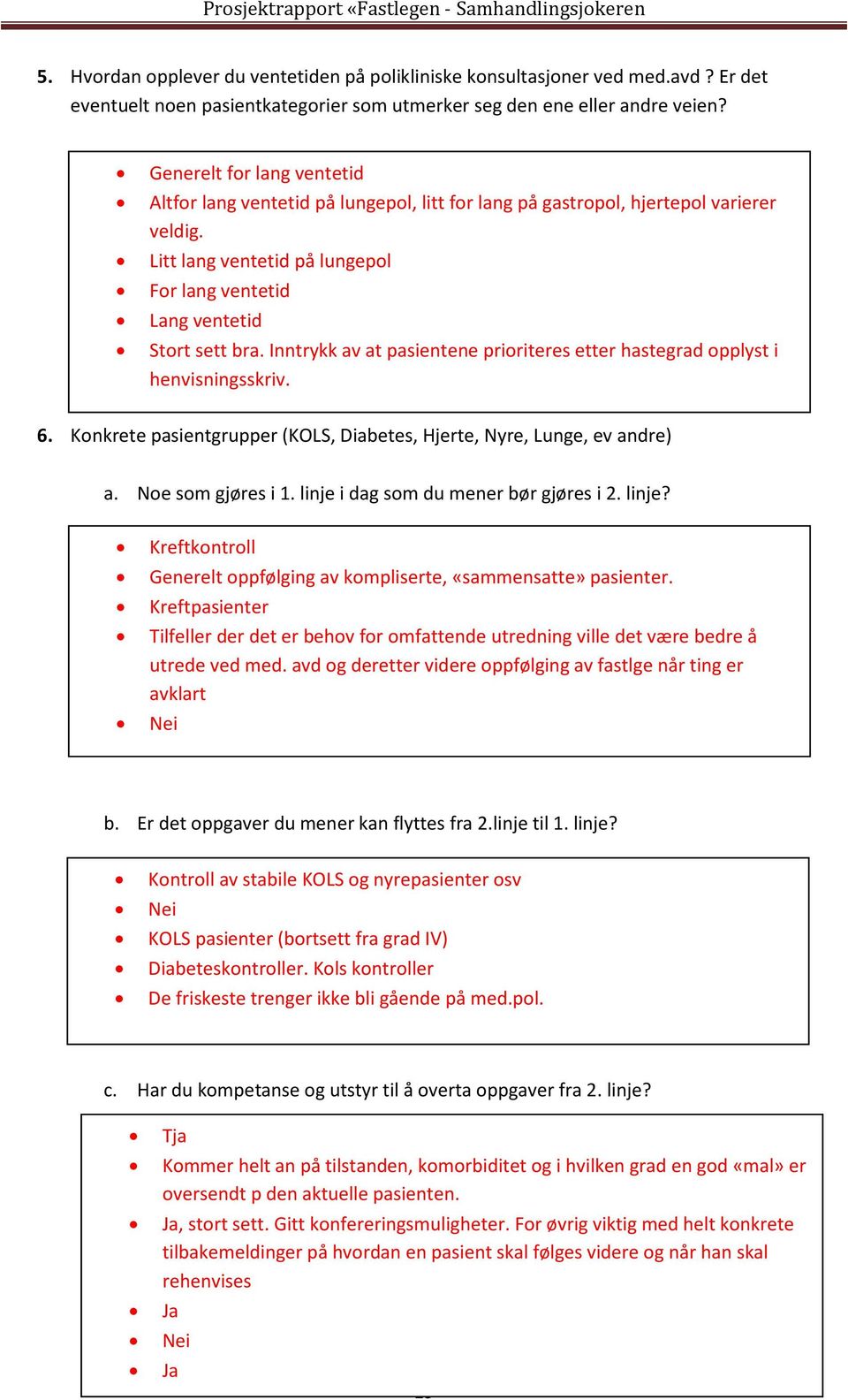 Inntrykk av at pasientene prioriteres etter hastegrad opplyst i henvisningsskriv. 6. Konkrete pasientgrupper (KOLS, Diabetes, Hjerte, Nyre, Lunge, ev andre) a. Noe som gjøres i 1.