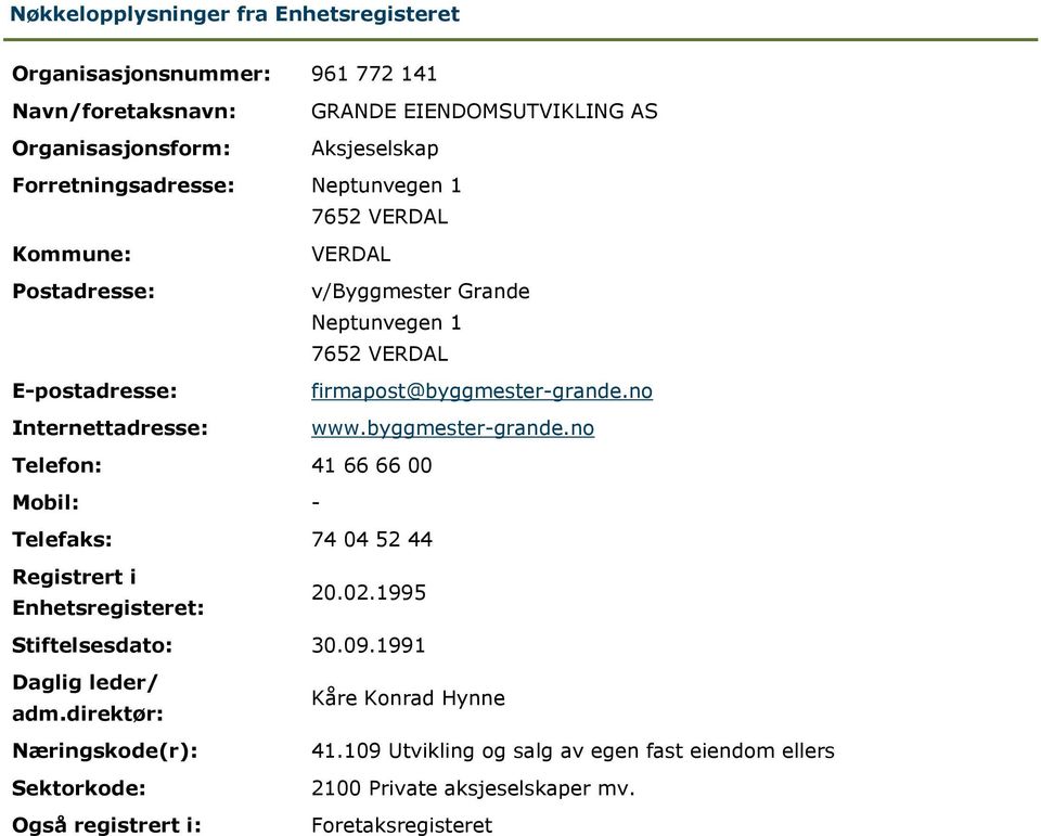 no Internettadresse: www.byggmester-grande.no Telefon: 41 66 66 00 Mobil: - Telefaks: 74 04 52 44 Registrert i Enhetsregisteret: 20.02.1995 Stiftelsesdato: 30.09.