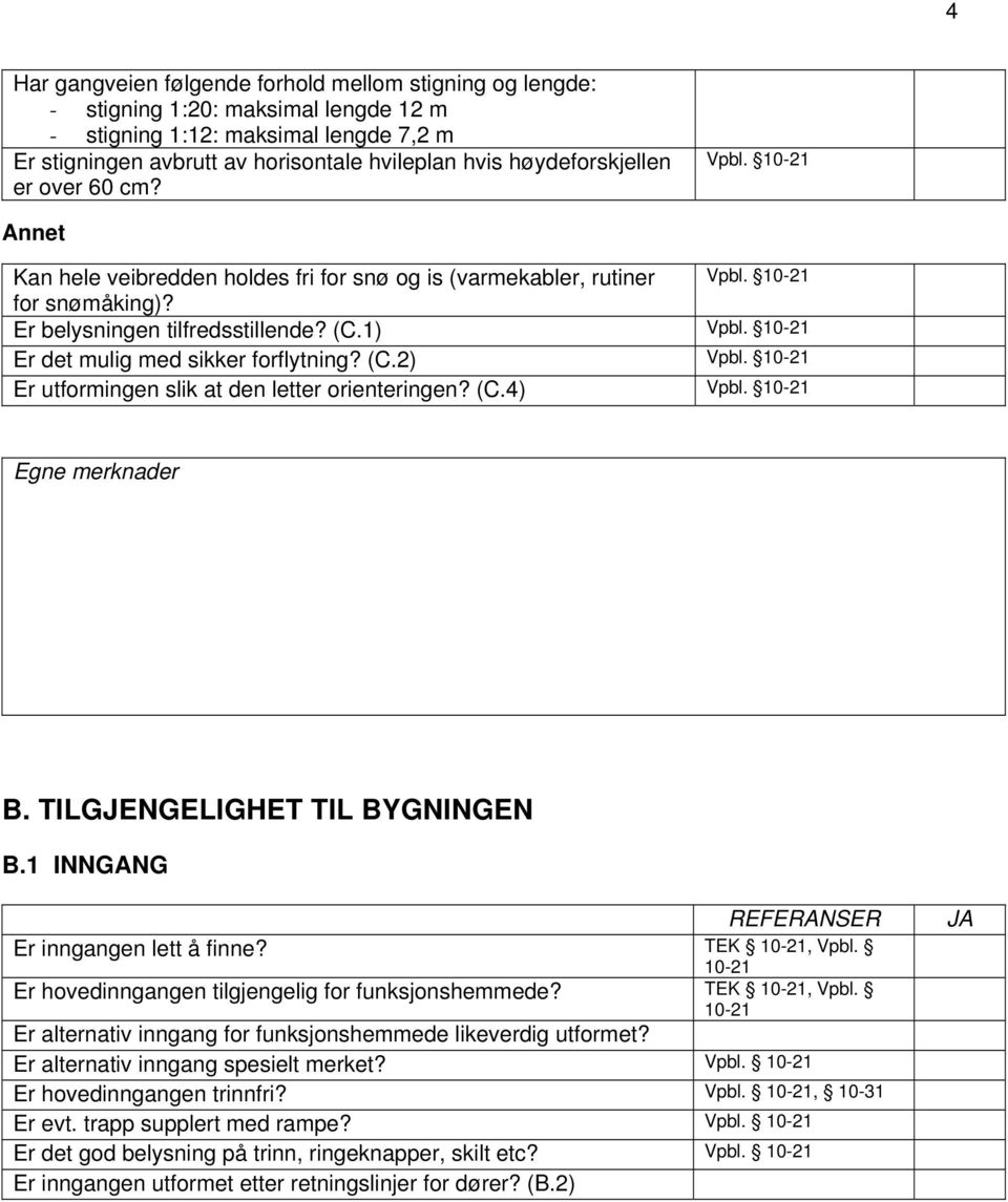 10-21 Er det mulig med sikker forflytning? (C.2) Vpbl. 10-21 Er utformingen slik at den letter orienteringen? (C.4) Vpbl. 10-21 B. TILGJENGELIGHET TIL BYGNINGEN B.1 INNGANG Er inngangen lett å finne?