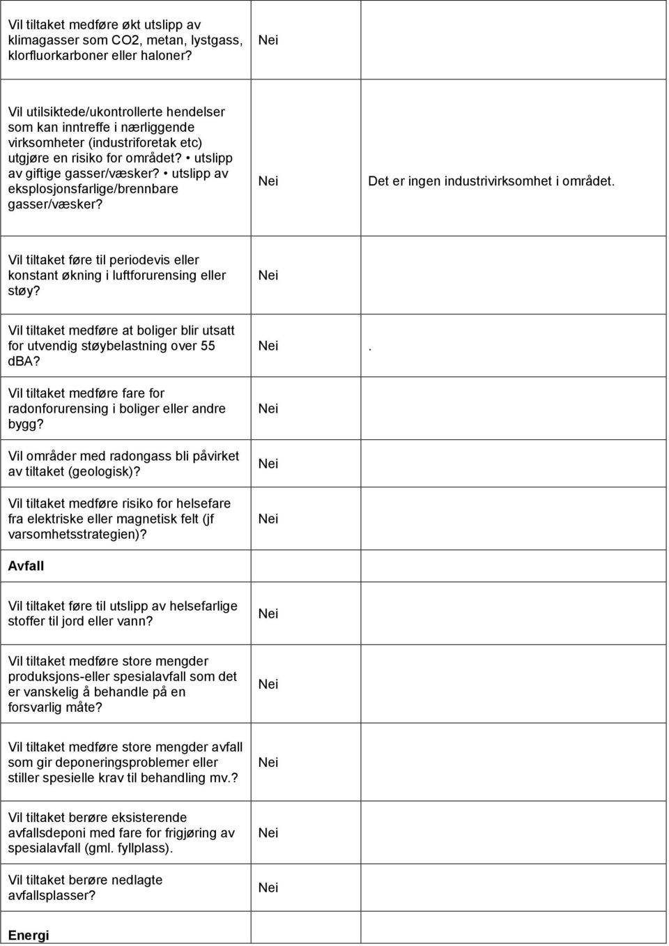 utslipp av eksplosjonsfarlige/brennbare gasser/væsker? Det er ingen industrivirksomhet i området. Vil tiltaket føre til periodevis eller konstant økning i luftforurensing eller støy?