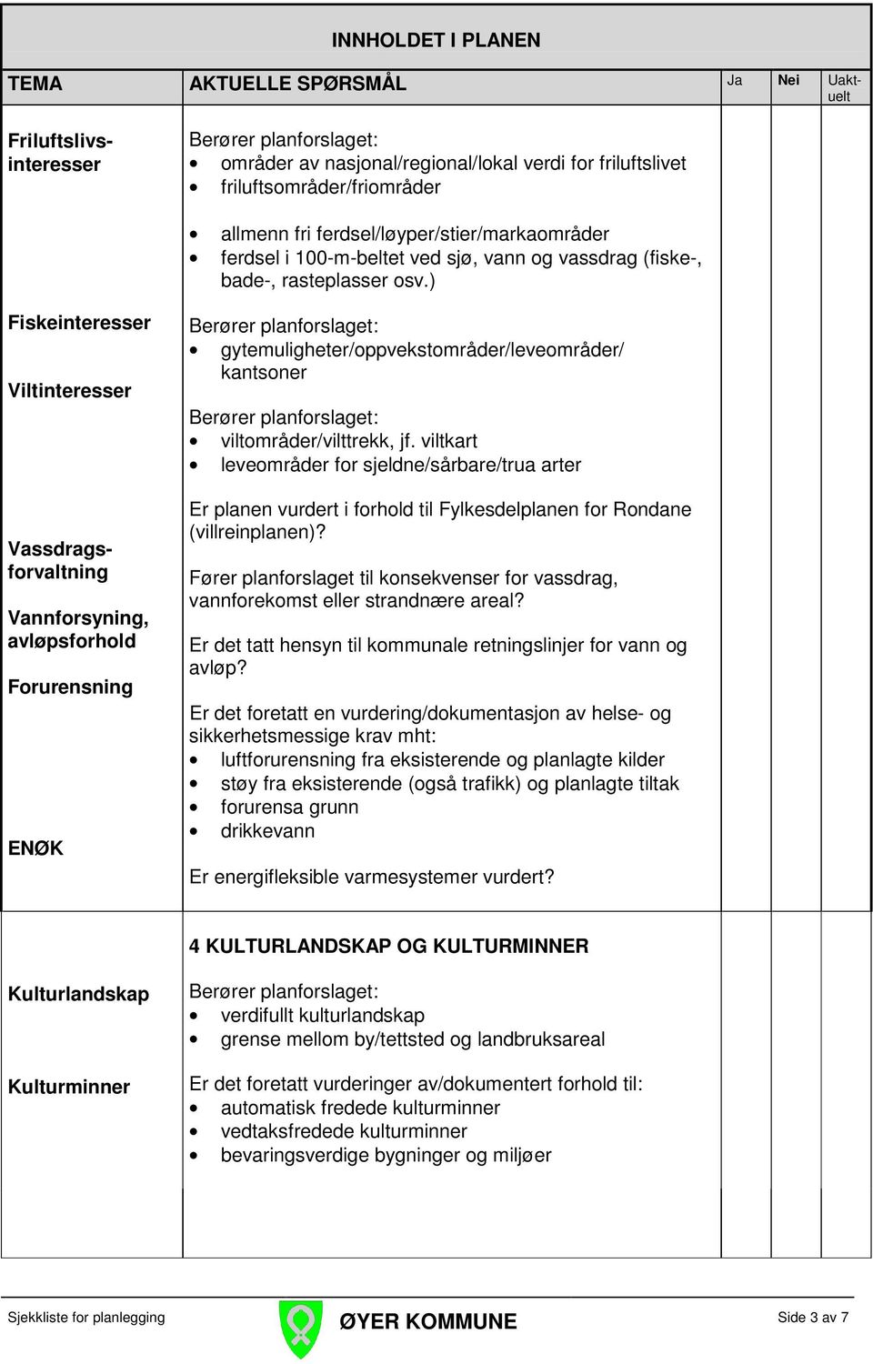 ) Fiskeinteresser Viltinteresser Friluftslivsinteresser Vassdragsforvaltning Vannforsyning, avløpsforhold Forurensning ENØK gytemuligheter/oppvekstområder/leveområder/ kantsoner