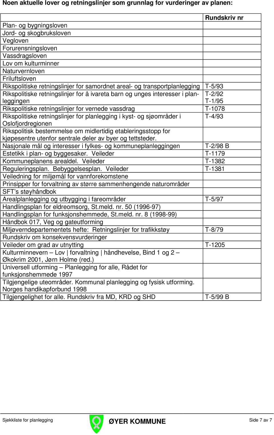 planleggingen T-1/95 T-2/92 Rikspolitiske retningslinjer for vernede vassdrag T-1078 Rikspolitiske retningslinjer for planlegging i kyst- og sjøområder i T-4/93 Oslofjordregionen Rikspolitisk