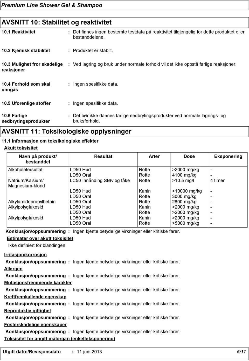 6 Farlige nedbrytingsprodukter AVSNITT 11 Toksikologiske opplysninger 11.