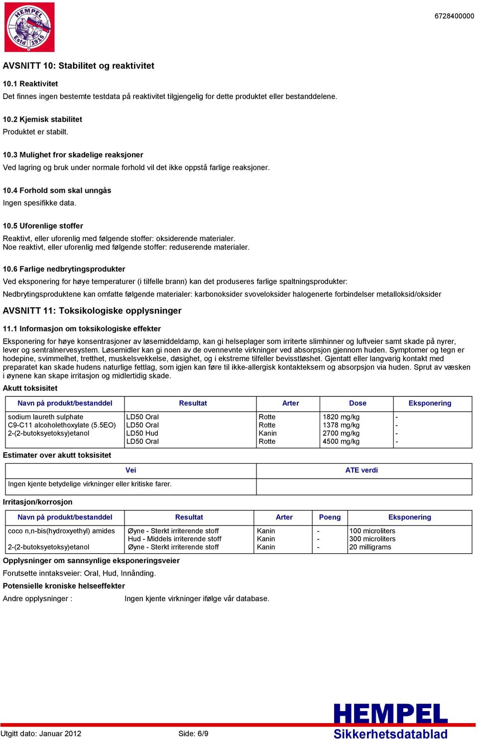 4 Forhold som skal unngås Ingen spesifikke data. 10.5 Uforenlige stoffer Reaktivt, eller uforenlig med følgende stoffer: oksiderende materialer.