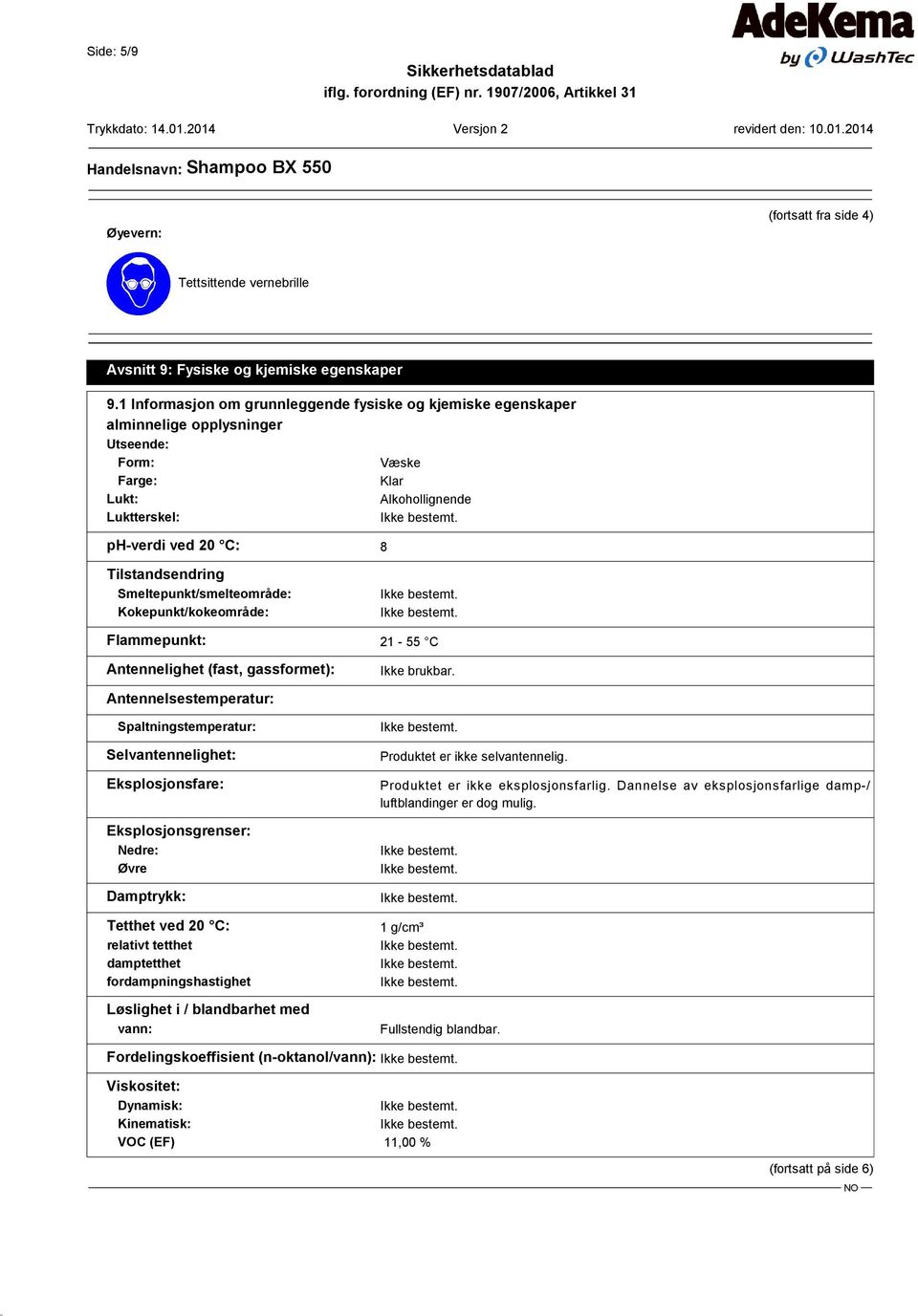 Smeltepunkt/smelteområde: Kokepunkt/kokeområde: Flammepunkt: 21-55 C Antennelighet (fast, gassformet): Ikke brukbar.