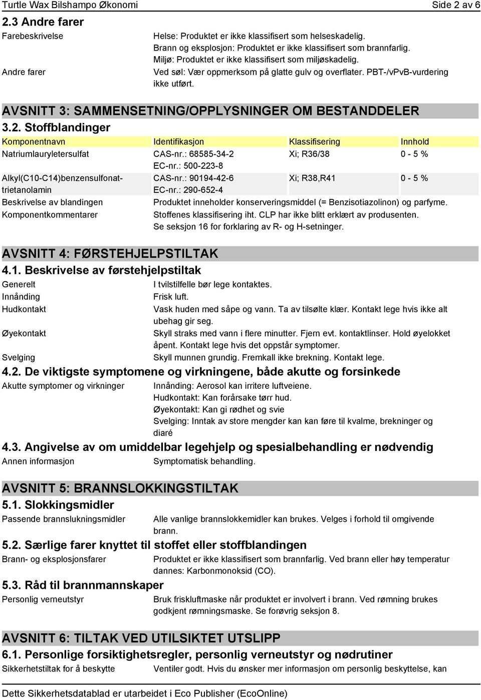 PBT-/vPvB-vurdering ikke utført. AVSNITT 3: SAMMENSETNING/OPPLYSNINGER OM BESTANDDELER 3.2. Stoffblandinger Komponentnavn Identifikasjon Klassifisering Innhold Natriumlauryletersulfat CAS-nr.