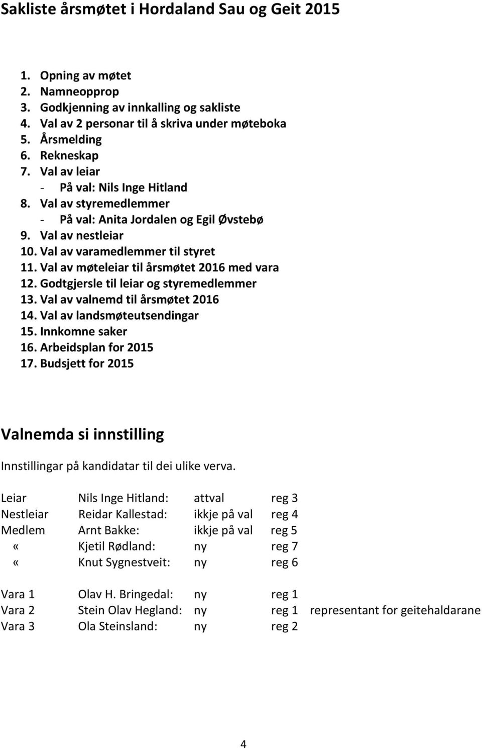 Val av møteleiar til årsmøtet 2016 med vara 12. Godtgjersle til leiar og styremedlemmer 13. Val av valnemd til årsmøtet 2016 14. Val av landsmøteutsendingar 15. Innkomne saker 16.