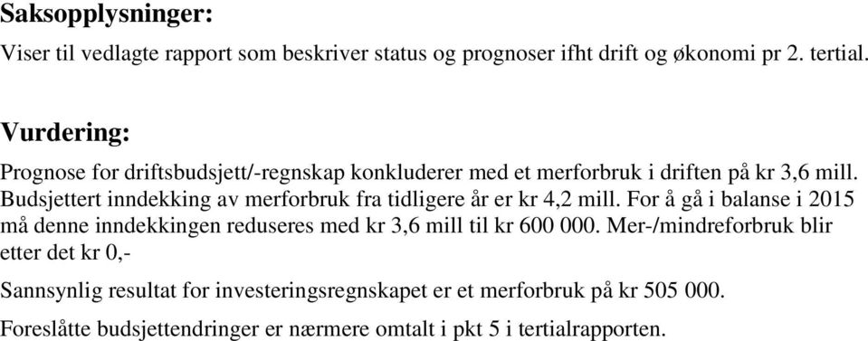 Budsjettert inndekking av merforbruk fra tidligere år er kr 4,2 mill.