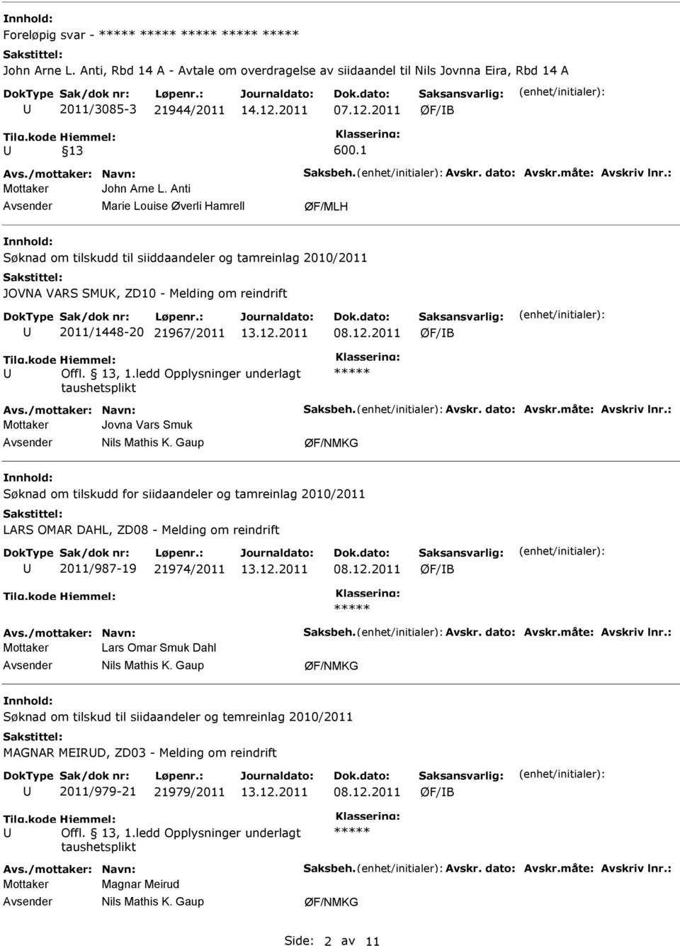 Anti Marie Louise Øverli Hamrell ØF/MLH Søknad om tilskudd til siiddaandeler og tamreinlag 2010/2011 JOVNA VARS SMK, ZD10 - Melding om reindrift 2011/1448-20 21967/2011 Avs./mottaker: Navn: Saksbeh.