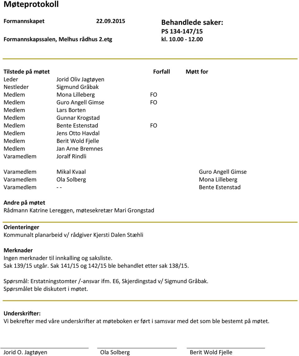 Estenstad FO Medlem Jens Otto Havdal Medlem Berit Wold Fjelle Medlem Jan Arne Bremnes Varamedlem Joralf Rindli Varamedlem Mikal Kvaal Guro Angell Gimse Varamedlem Ola Solberg Mona Lilleberg