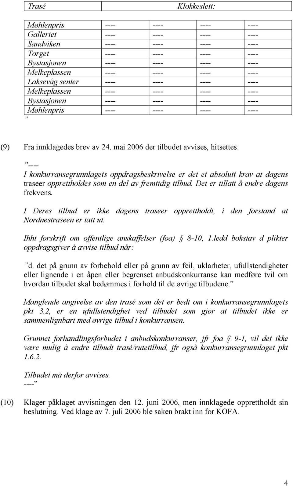 mai 2006 der tilbudet avvises, hitsettes: ---- I konkurransegrunnlagets oppdragsbeskrivelse er det et absolutt krav at dagens traseer opprettholdes som en del av fremtidig tilbud.