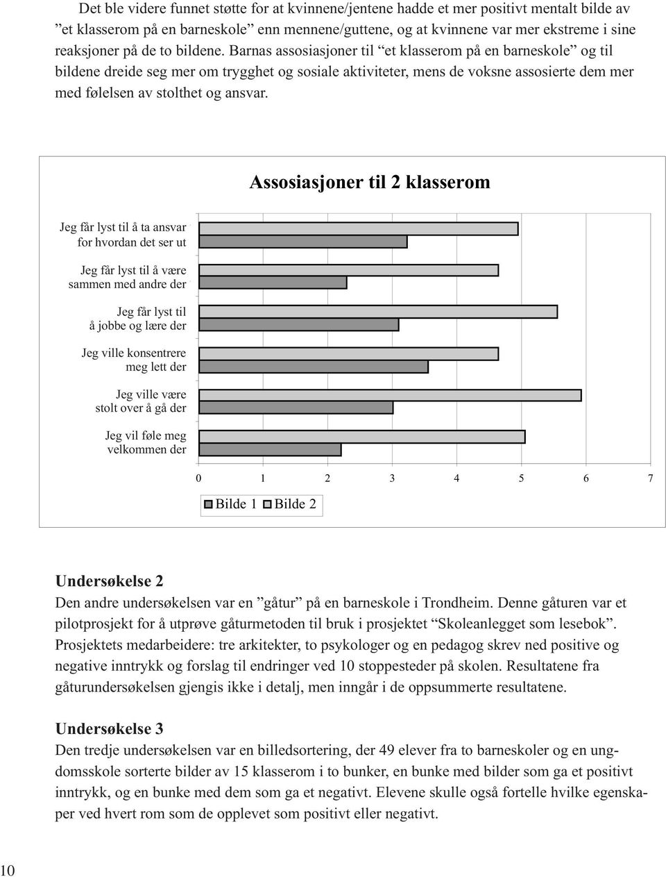 Barnas assosiasjoner til et klasserom på en barneskole og til bildene dreide seg mer om trygghet og sosiale aktiviteter, mens de voksne assosierte dem mer med følelsen av stolthet og ansvar.