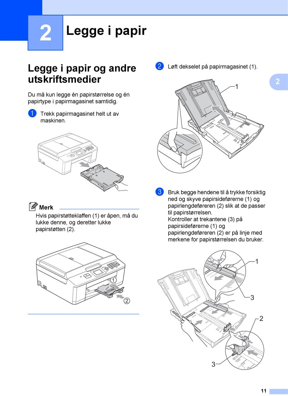 1 2 Merk Hvis papirstøtteklaffen (1) er åpen, må du lukke denne, og deretter lukke papirstøtten (2).