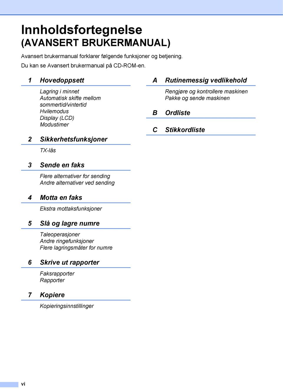 alternativer for sending Andre alternativer ved sending 4 Motta en faks Ekstra mottaksfunksjoner 5 Slå og lagre numre Taleoperasjoner Andre ringefunksjoner Flere