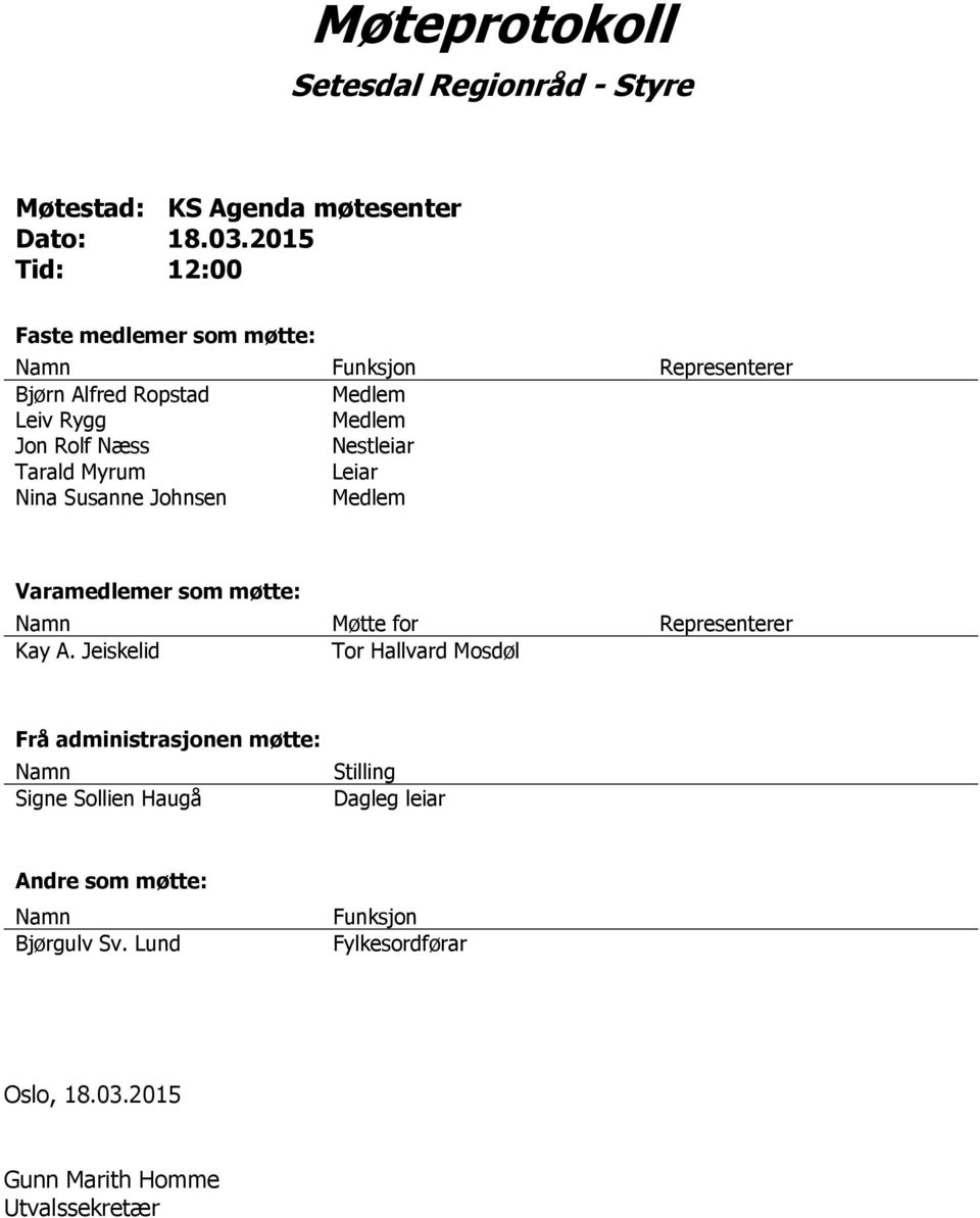 Nestleiar Tarald Myrum Leiar Nina Susanne Johnsen Medlem Varamedlemer som møtte: Namn Møtte for Representerer Kay A.