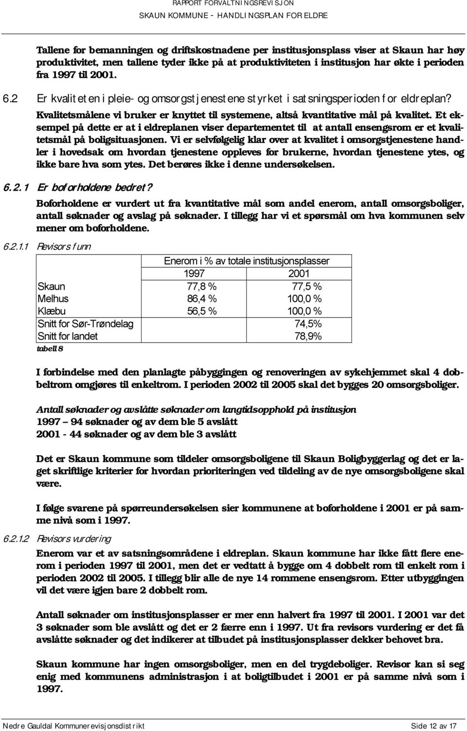 Et eksempel på dette er at i eldreplanen viser departementet til at antall ensengsrom er et kvalitetsmål på boligsituasjonen.