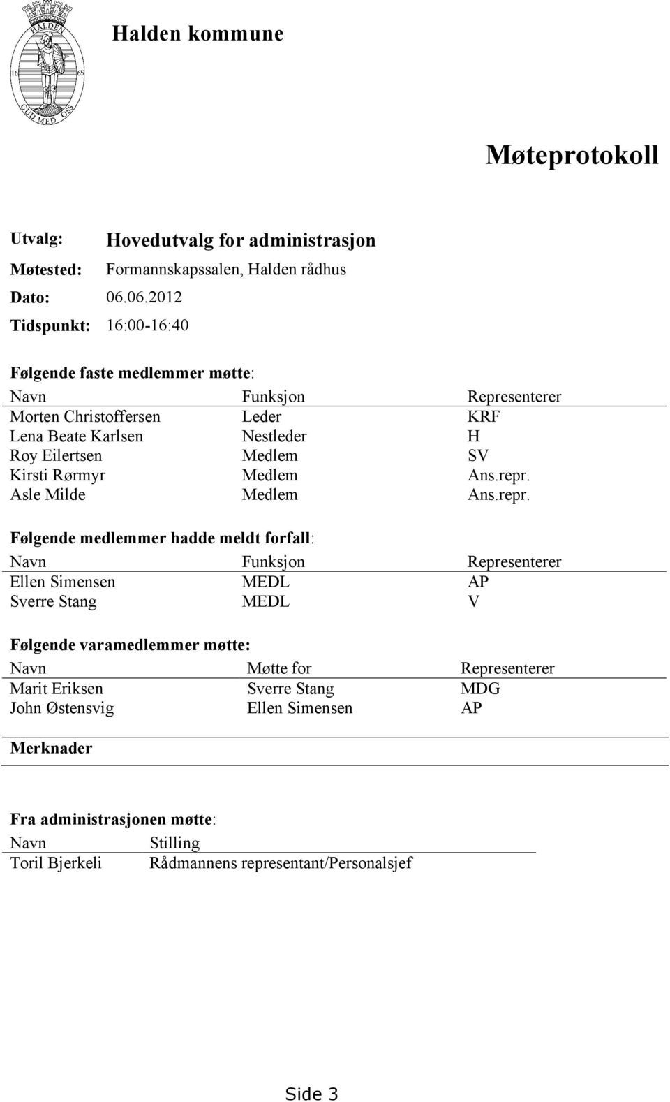 Christoffersen Leder KRF Lena Beate Karlsen Nestleder H Roy Eilertsen Medlem SV Kirsti Rørmyr Medlem Ans.repr.