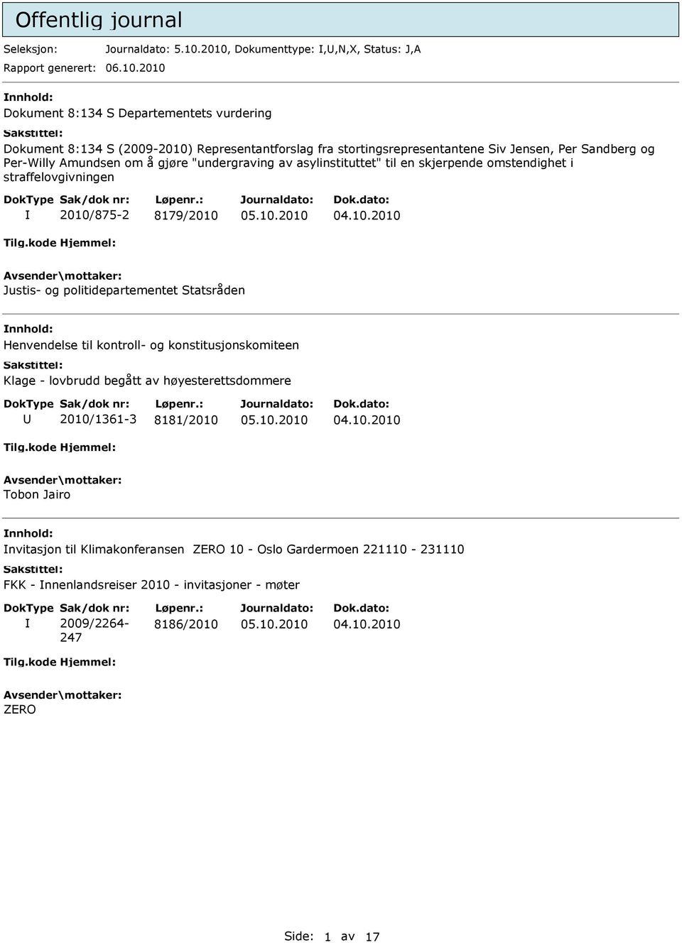 Sandberg og Per-Willy Amundsen om å gjøre "undergraving av asylinstituttet" til en skjerpende omstendighet i straffelovgivningen 2010/875-2 8179/2010 Justis- og politidepartementet