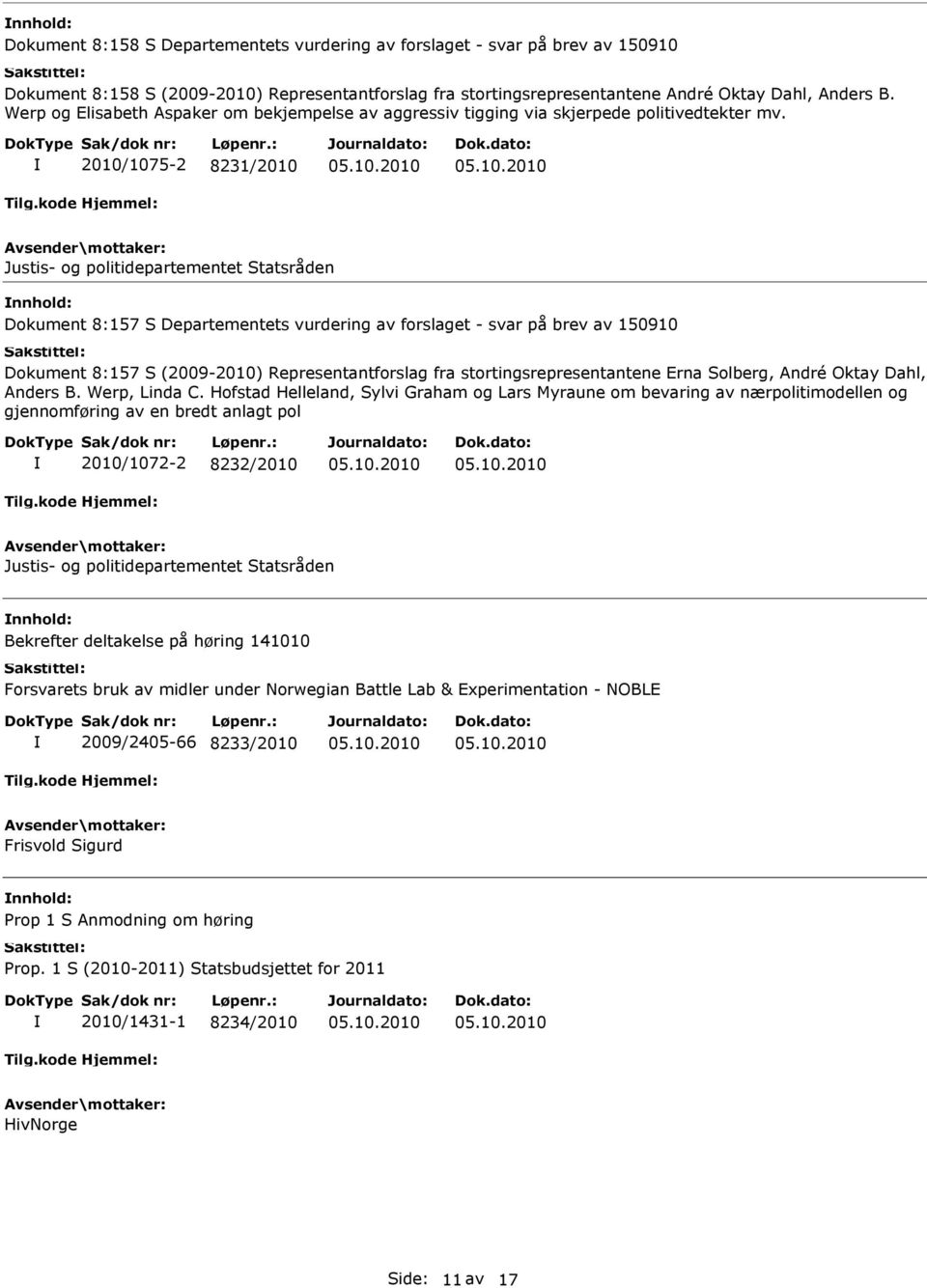 2010/1075-2 8231/2010 Justis- og politidepartementet Statsråden Dokument 8:157 S Departementets vurdering av forslaget - svar på brev av 150910 Dokument 8:157 S (2009-2010) Representantforslag fra