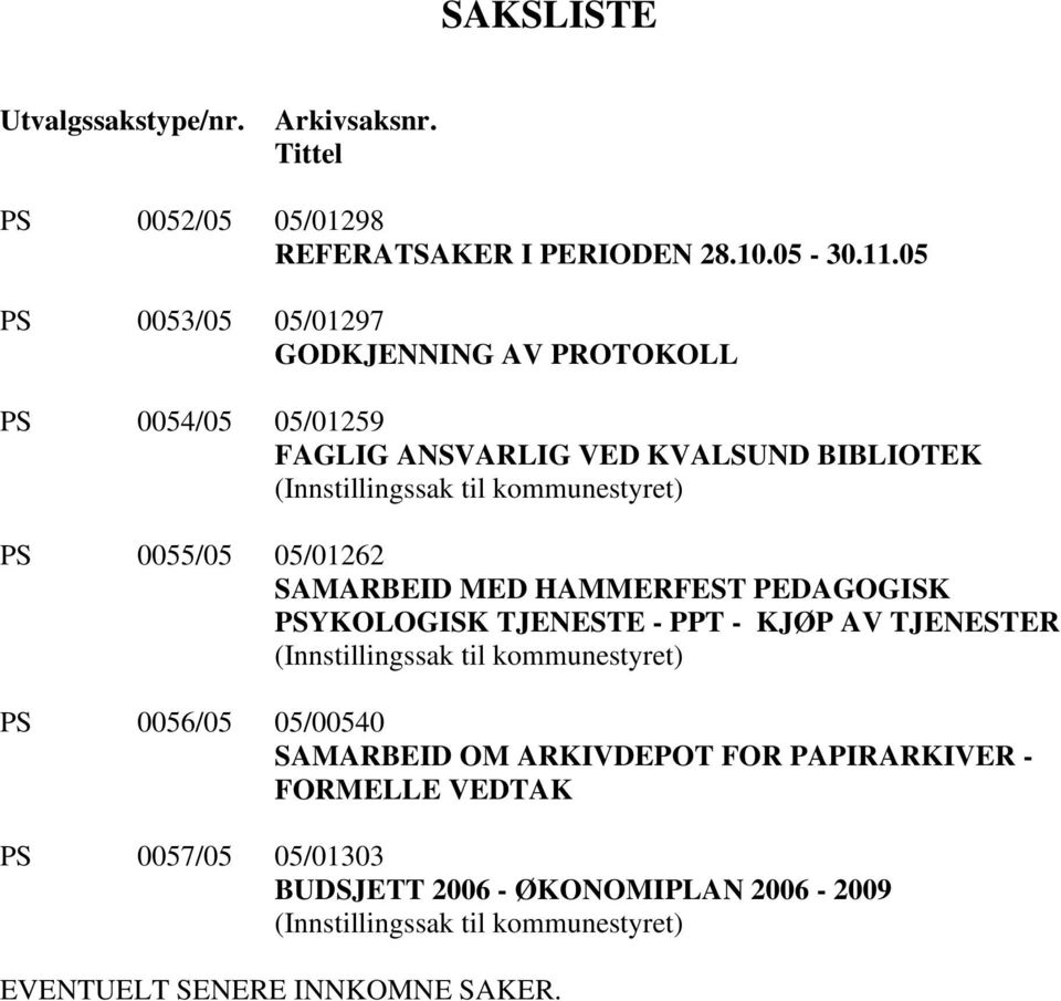 0055/05 05/01262 SAMARBEID MED HAMMERFEST PEDAGOGISK PSYKOLOGISK TJENESTE - PPT - KJØP AV TJENESTER (Innstillingssak til kommunestyret) PS 0056/05