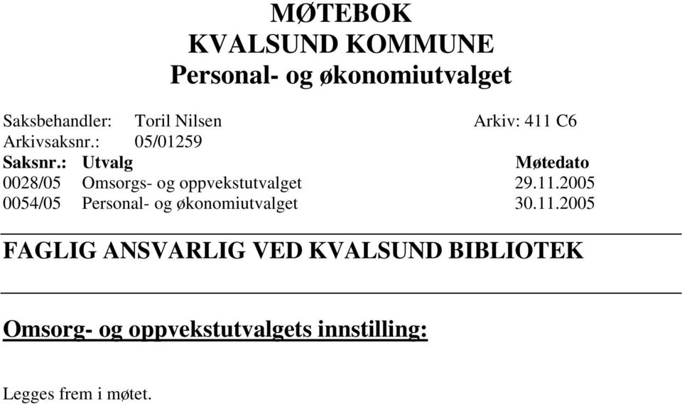 : Utvalg Møtedato 0028/05 Omsorgs- og oppvekstutvalget 29.11.