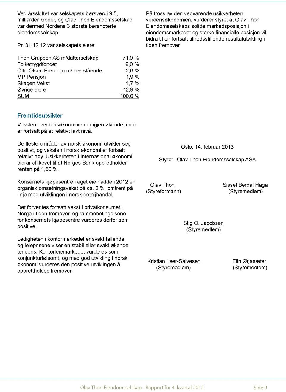 posisjon vil bidra til en fortsatt tilfredsstillende resultatutvikling i tiden fremover. Thon Gruppen AS m/datterselskap 71,9 % Folketrygdfondet 9,0 % Otto Olsen Eiendom m/ nærstående.