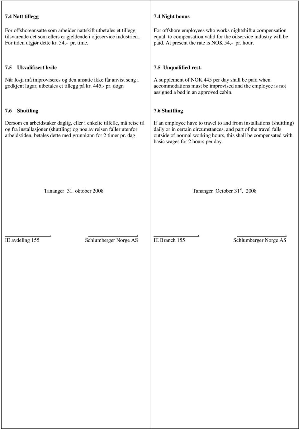 5 Ukvalifisert hvile Når losji må improviseres og den ansatte ikke får anvist seng i godkjent lugar, utbetales et tillegg på kr. 445,- pr. døgn 7.5 Unqualified rest.