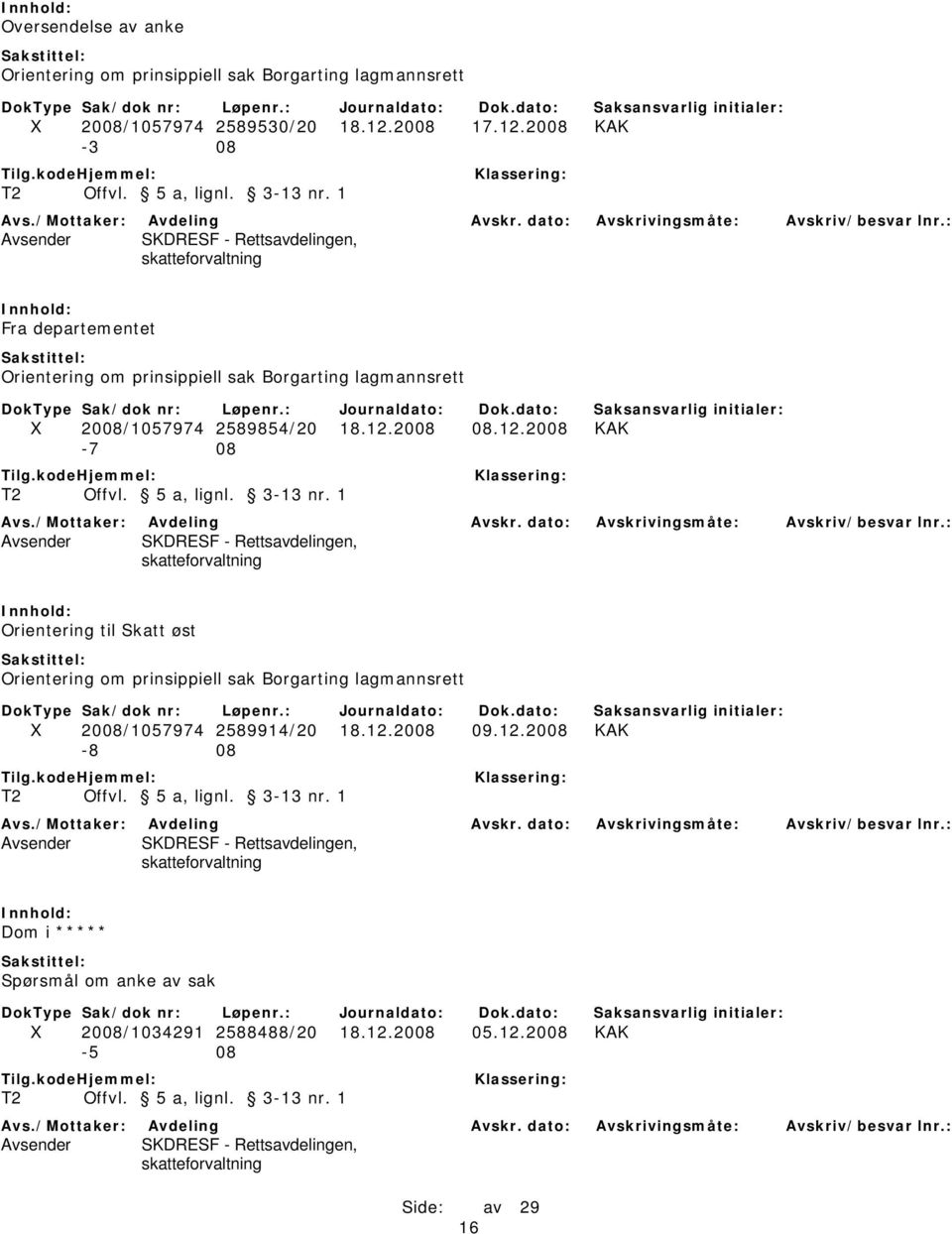 5 a, lignl. 3-13 nr. 1 Avsender SKDRESF - Rettsavdelingen, skatteforvaltning Orientering til Skatt øst Orientering om prinsippiell sak Borgarting lagmannsrett X 2008/1057974 2589914/20 18.12.2008 09.