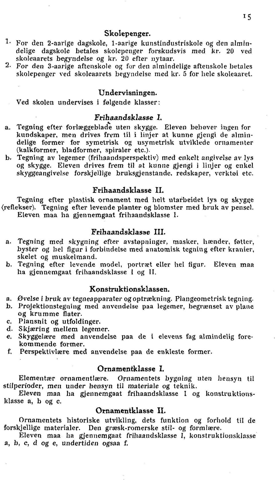 Ved skolen undervises i folgende klasser: Frihaandsklasse I. Tegning efter forlæggeblade uten skygge.