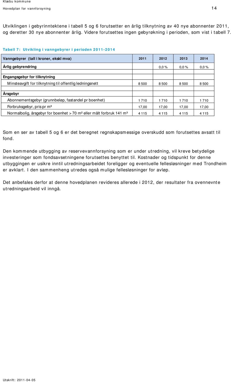 Tabell 7: Utvikling i vanngebyrer i perioden 2011-2014 Vanngebyrer (tall i kroner, ekskl mva) 2011 2012 2013 2014 Årlig gebyrendring 0,0 % 0,0 % 0,0 % Engangsgebyr for tilknytning Minsteavgift for