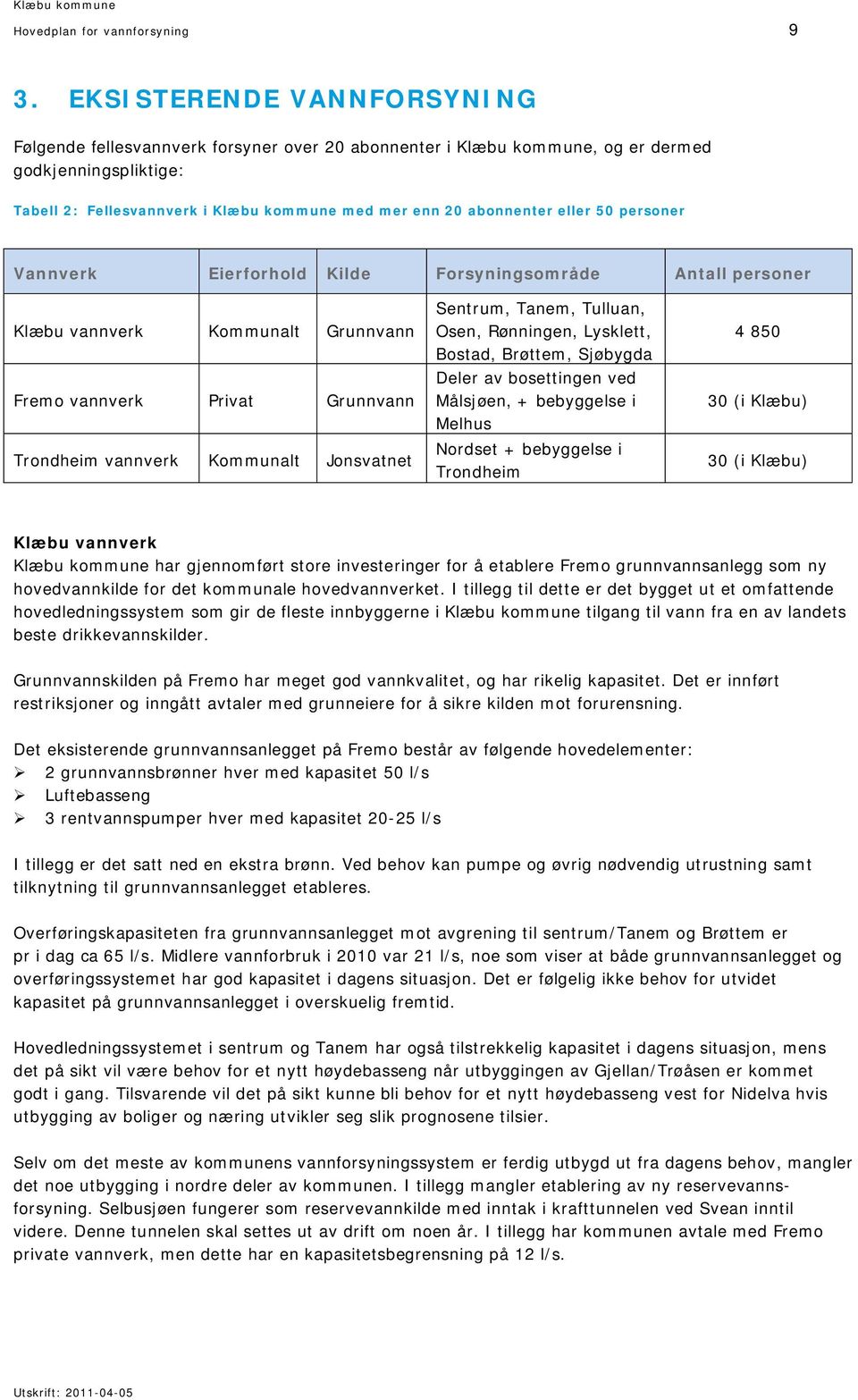 eller 50 personer Vannverk Eierforhold Kilde Forsyningsområde Antall personer Klæbu vannverk Kommunalt Grunnvann Fremo vannverk Privat Grunnvann Trondheim vannverk Kommunalt Jonsvatnet Sentrum,