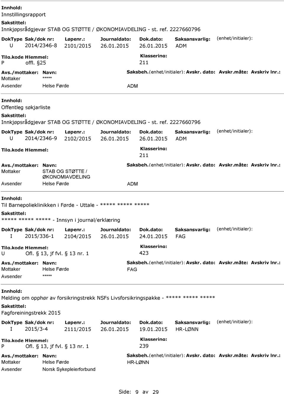 2227660796 2014/2346-9 2102/2015 ADM Mottaker STAB OG STØTTE / NOMAVDELNG ADM Til Barnepolieklinikken i Førde - ttale - ***** ***** ***** ***** *****