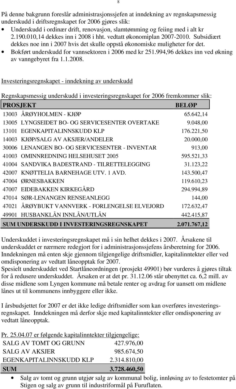 Bokført underskudd for vannsektoren i 2006 med kr 251.994,96 dekkes inn ved økning av vanngebyret fra 1.1.2008.