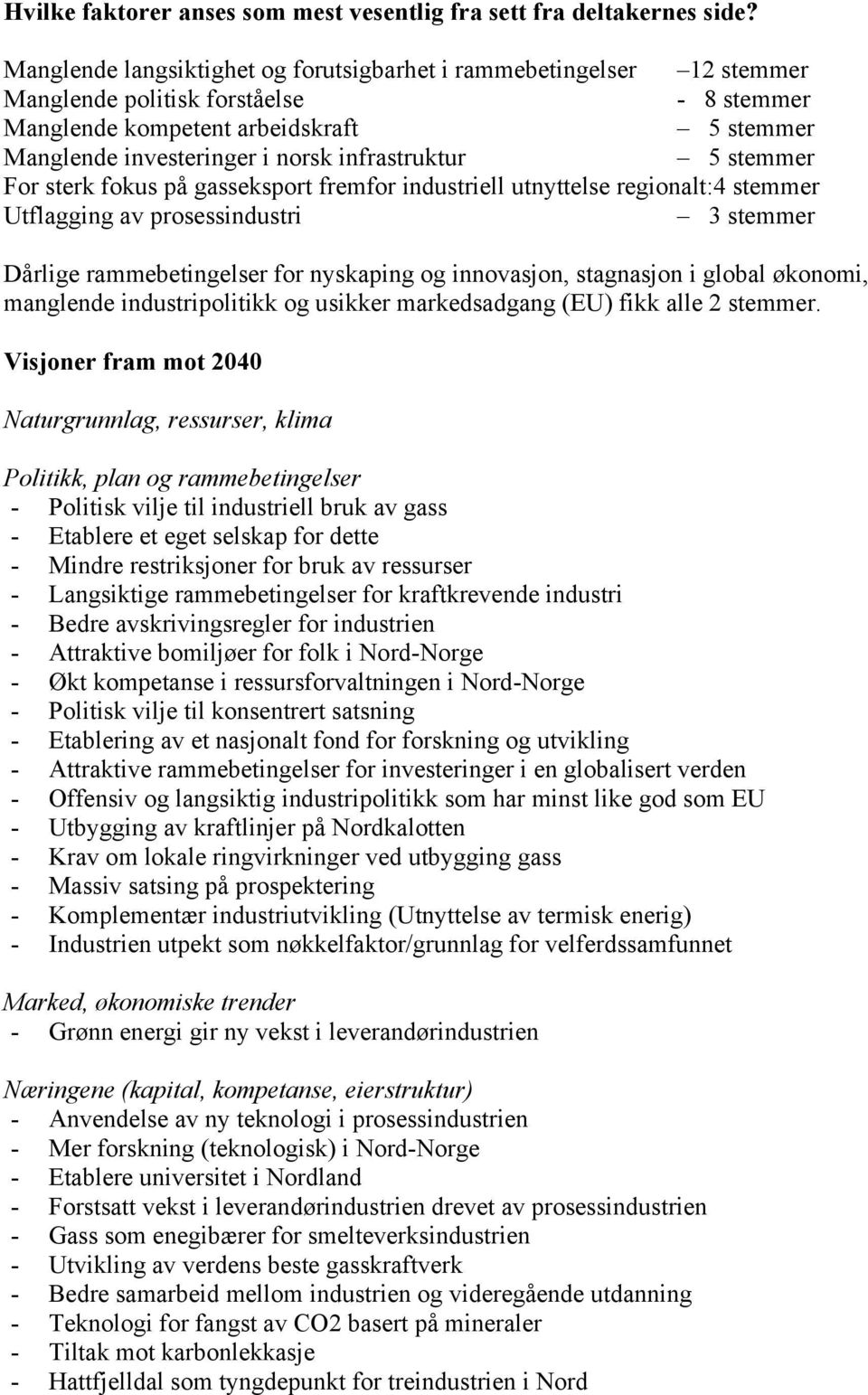 infrastruktur 5 stemmer For sterk fokus på gasseksport fremfor industriell utnyttelse regionalt:4 stemmer Utflagging av prosessindustri 3 stemmer Dårlige rammebetingelser for nyskaping og innovasjon,