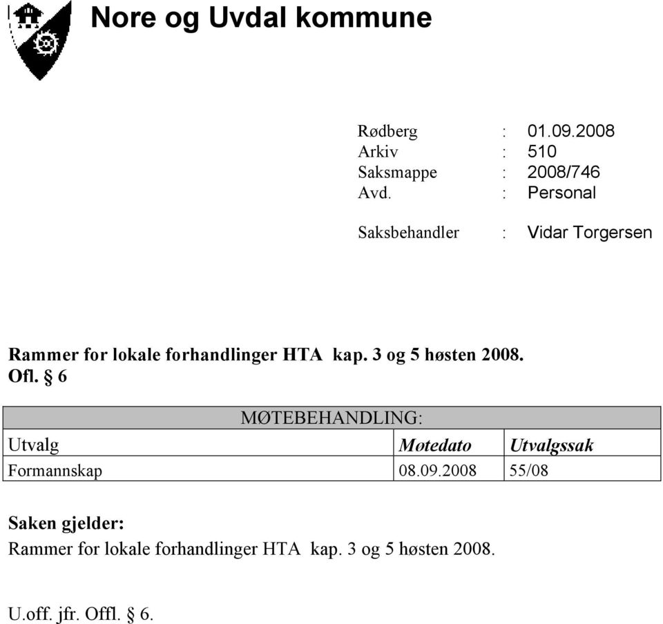 3 og 5 høsten 2008. Ofl. 6 MØTEBEHANDLING: Utvalg Møtedato Utvalgssak Formannskap 08.09.