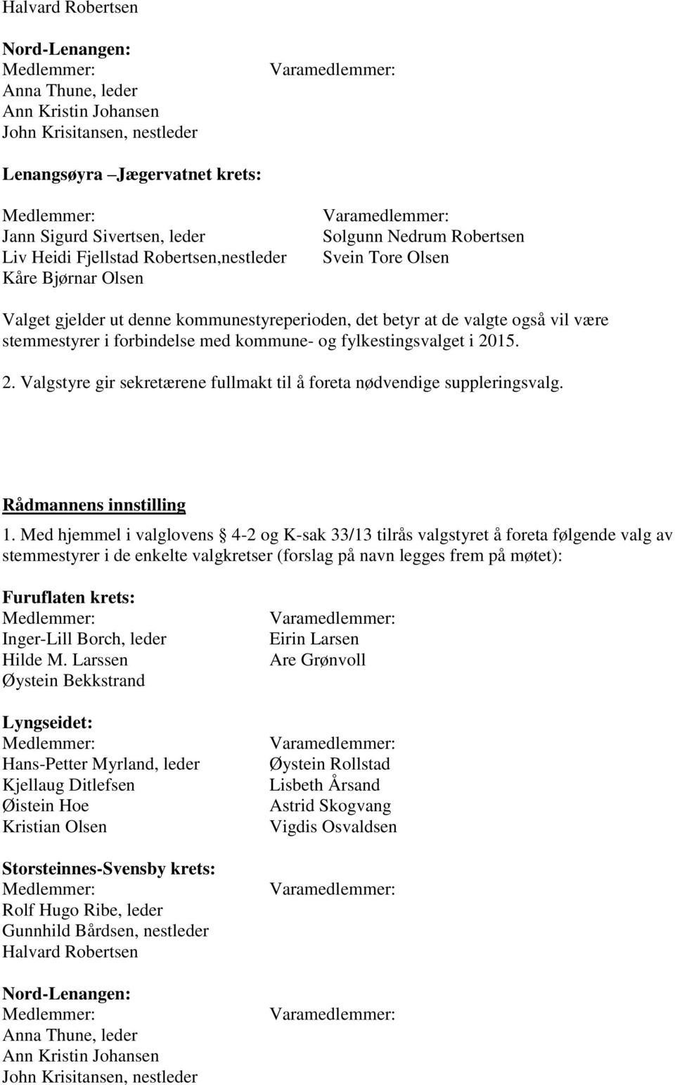 fylkestingsvalget i 2015. 2. Valgstyre gir sekretærene fullmakt til å foreta nødvendige suppleringsvalg. Rådmannens innstilling 1.