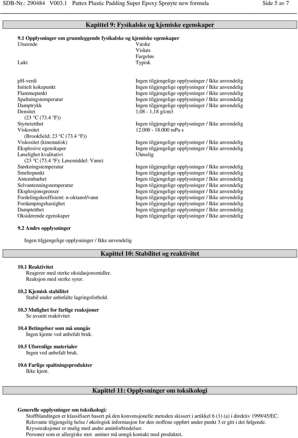 4 F)) Styrtetetthet Viskositet (Brookfield; 23 C (73.4 F)) Viskositet (kinematisk) Eksplosive egenskaper Løselighet kvalitativt (23 C (73.