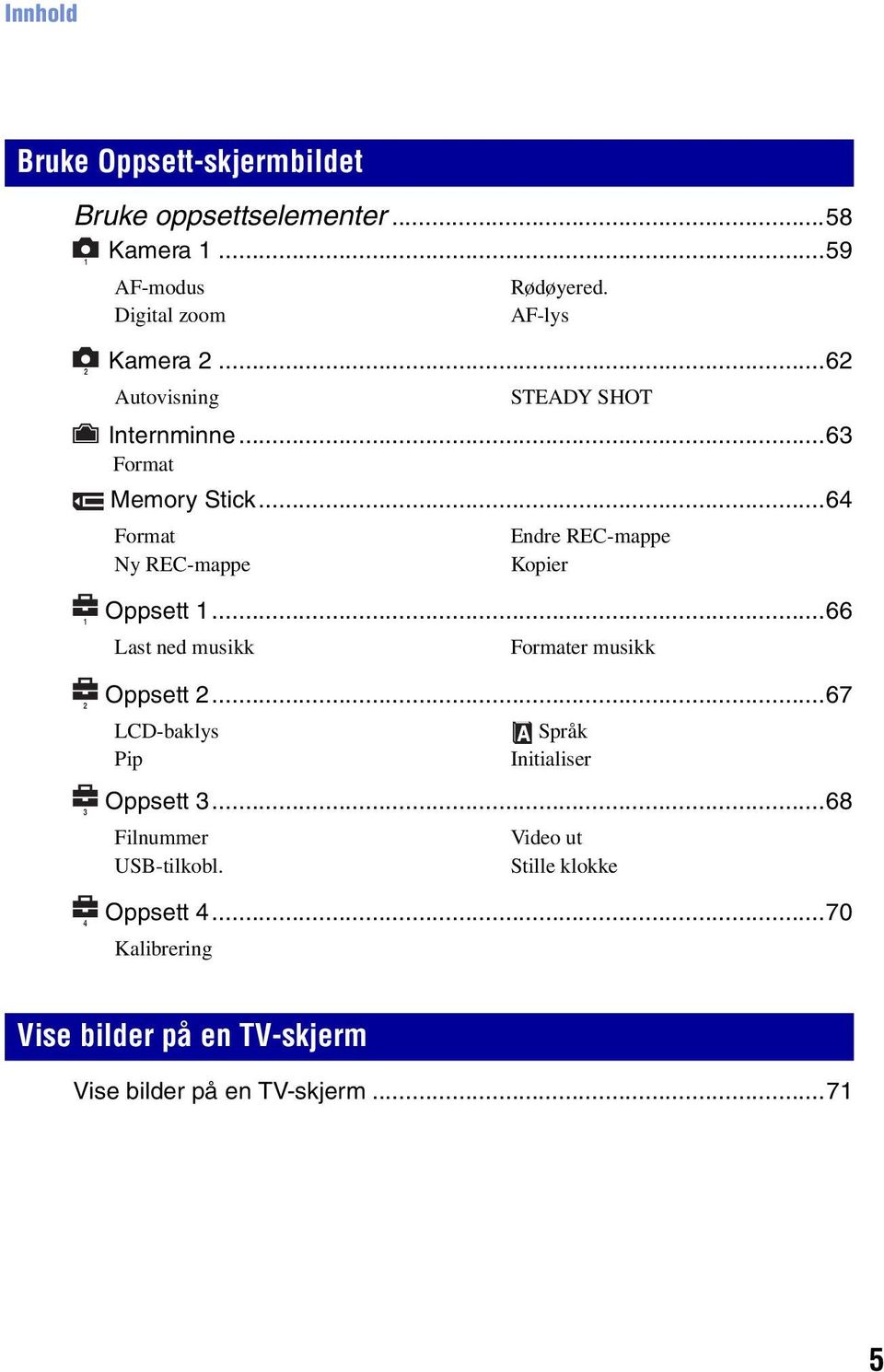 ..64 Format Ny REC-mappe Endre REC-mappe Kopier Oppsett 1...66 Last ned musikk Formater musikk Oppsett 2.