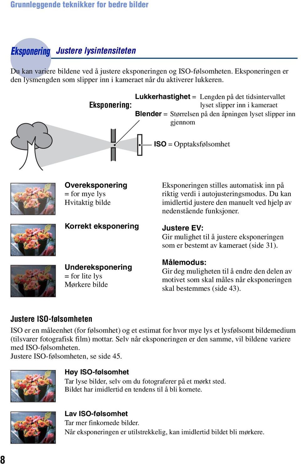 Lukkerhastighet = Lengden på det tidsintervallet Eksponering: lyset slipper inn i kameraet Blender = Størrelsen på den åpningen lyset slipper inn gjennom ISO = Opptaksfølsomhet Overeksponering = for